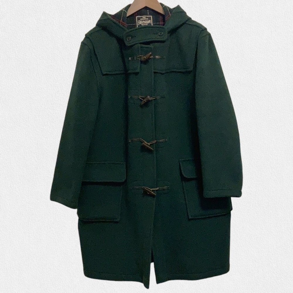 Gloverall Duffle Coat Green Wool Plaid Tartan Pea Coat Size 16 Hooded Long